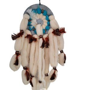Vintage wool Native American Handmade Dream Catcher with feathers and wood beads